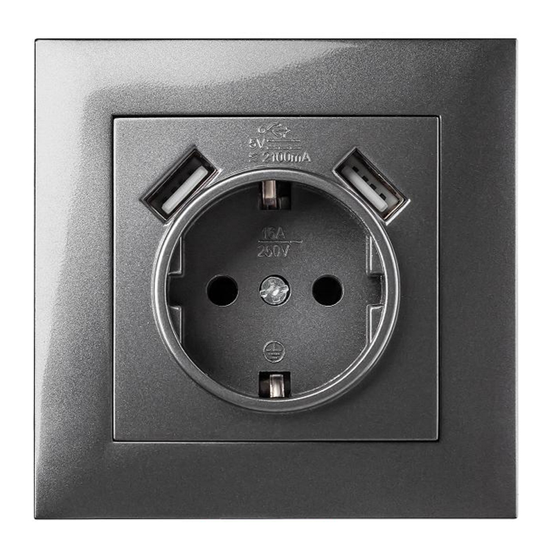 Розетка 1-я с заземлением и двумя USB MARSHEL Ideal графит Розетка 1-я с заземлением и двумя USB MARSHEL Ideal графит