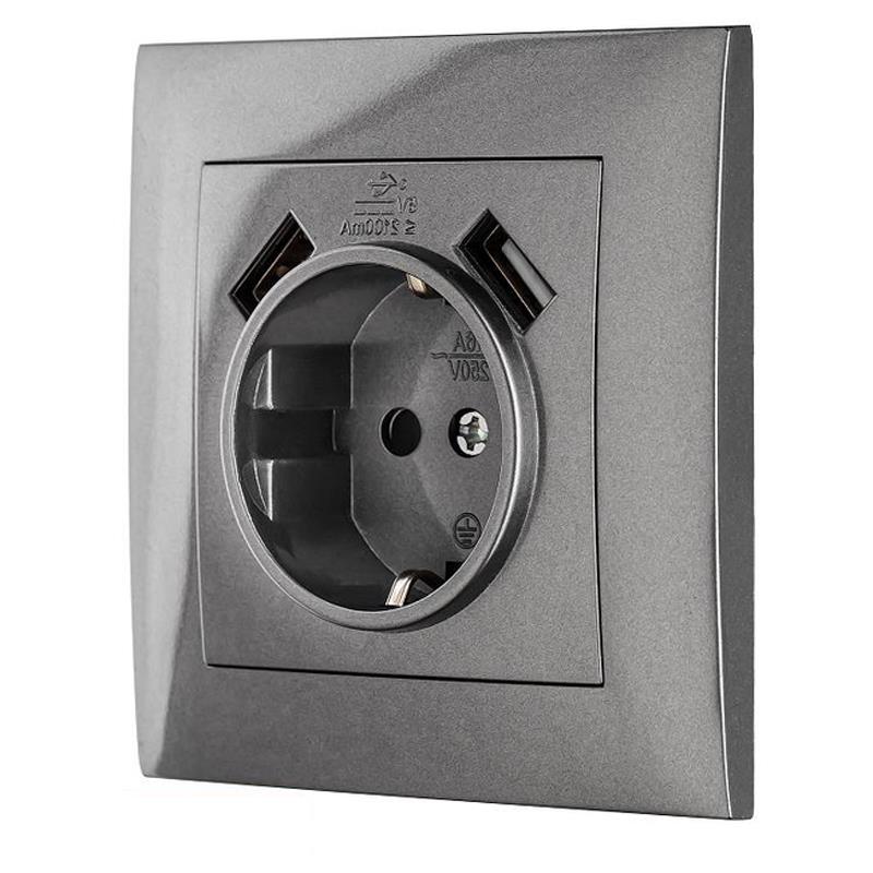 Розетка одноместная с заземляющим контактом с двумя USB MARSHEL IDEAL RS16-472 Graffite 2 (копия)