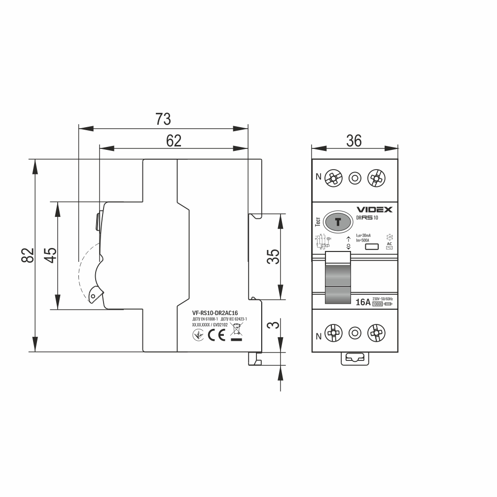 vf-rs10-dr2ac16_4 Пристрій захисного відключення Videx 2P 16A тип АС 30mA